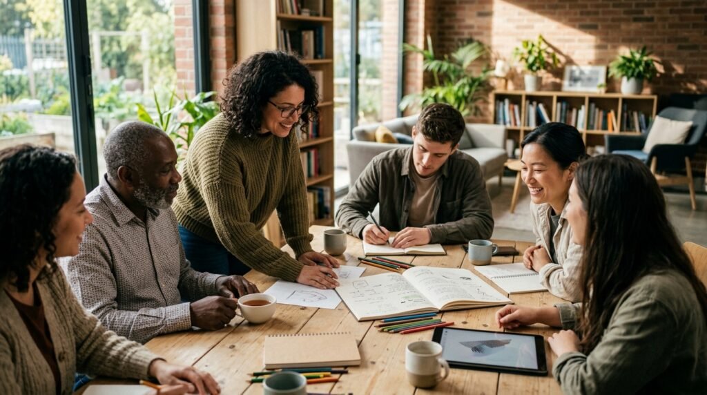 Grupo diverso de pessoas colaborando em uma mesa iluminada, representando inclusão e neurodiversidade.