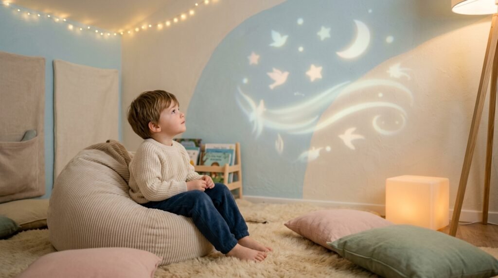 Criança sentada confortavelmente em ambiente acolhedor e com luz suave, ilustrando regulação sensorial.