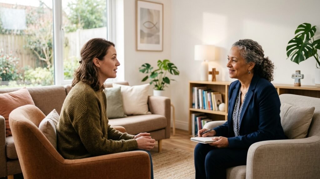 Consultório acolhedor onde um profissional e um adulto conversam de maneira tranquila e respeitosa.
