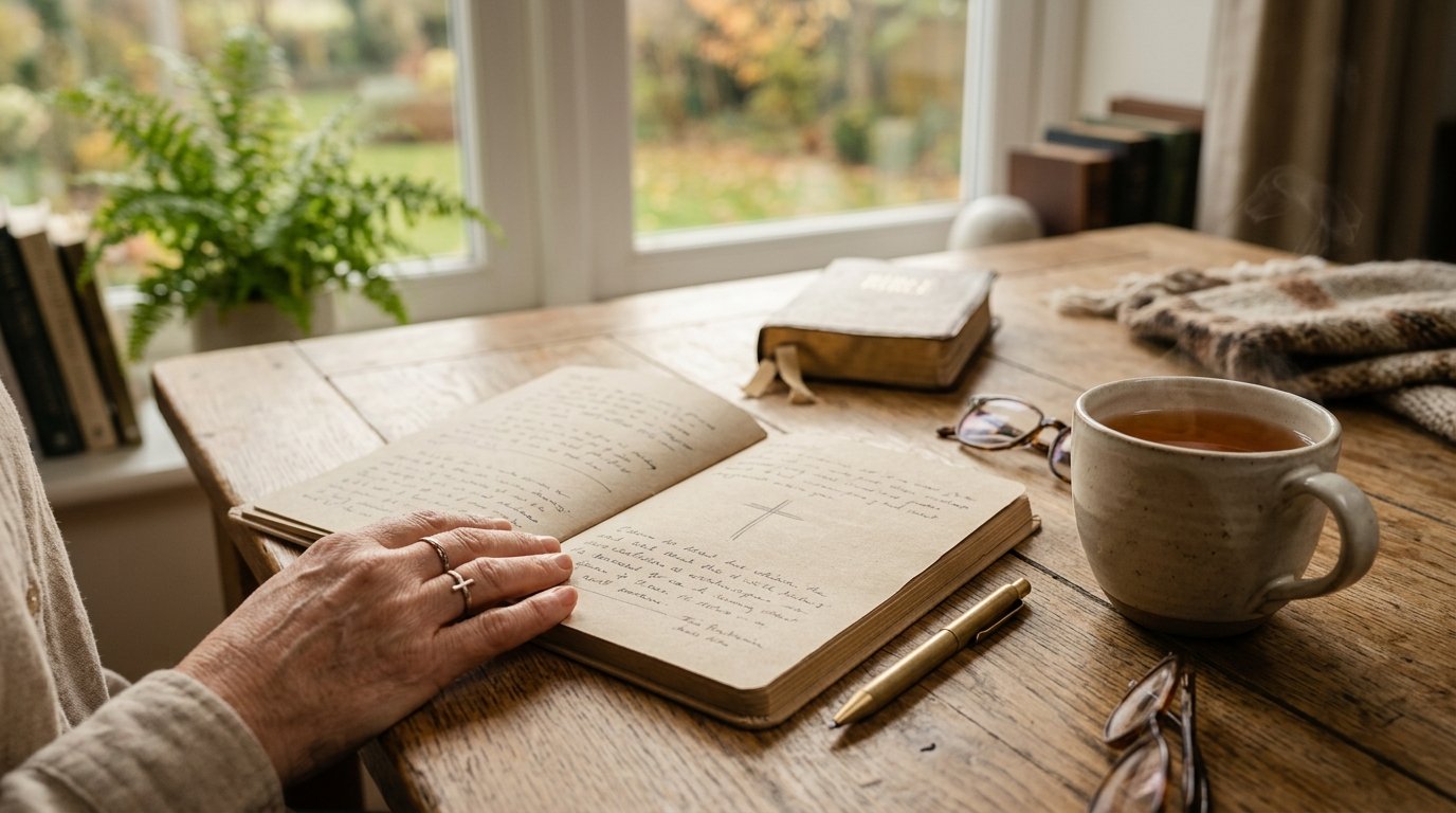 Caderno aberto com caneta e x&iacute;cara de ch&aacute; sobre mesa de madeira, representando reflex&atilde;o.