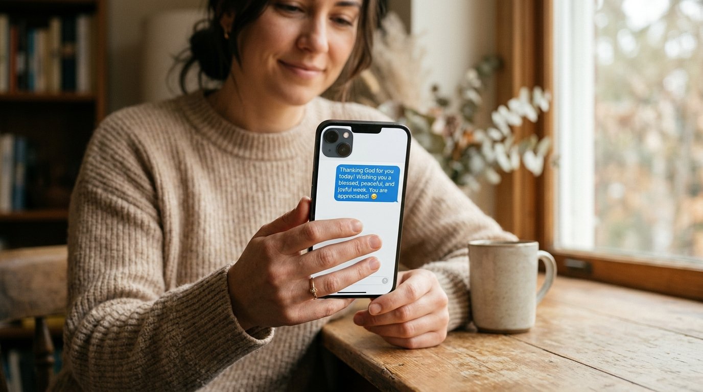 Celular exibindo mensagem de texto amig&aacute;vel em ambiente de fundo desfocado.