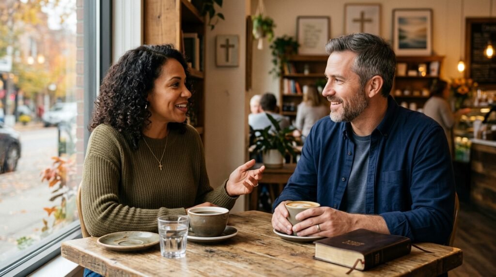 Dois adultos conversando de forma amigável e atenta em um café silencioso.
