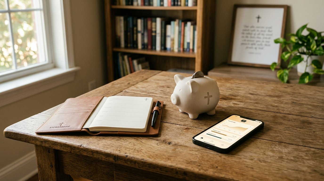 Organizador f&iacute;sico e smartphone com aplicativo de finan&ccedil;as sobre mesa de madeira.