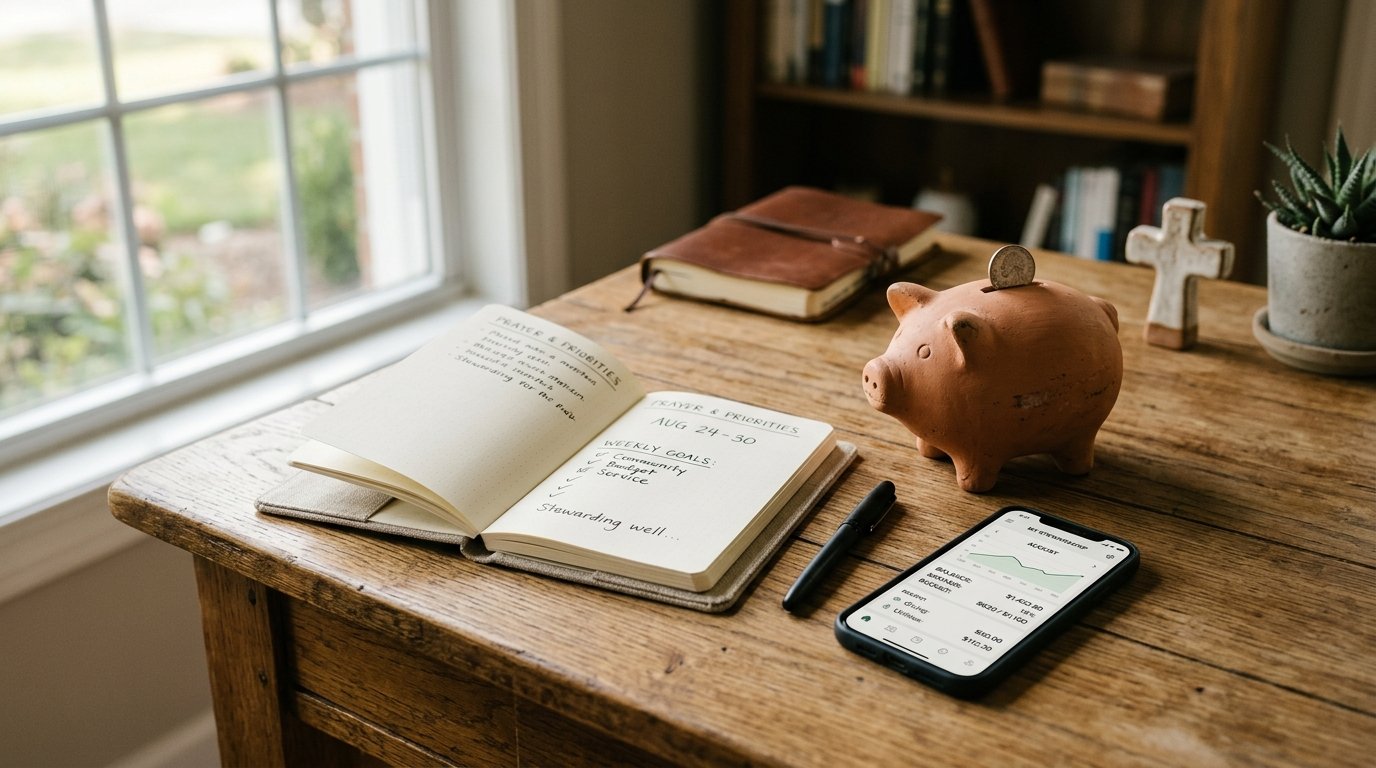 Organizador f&iacute;sico e smartphone com aplicativo de finan&ccedil;as sobre mesa de madeira.