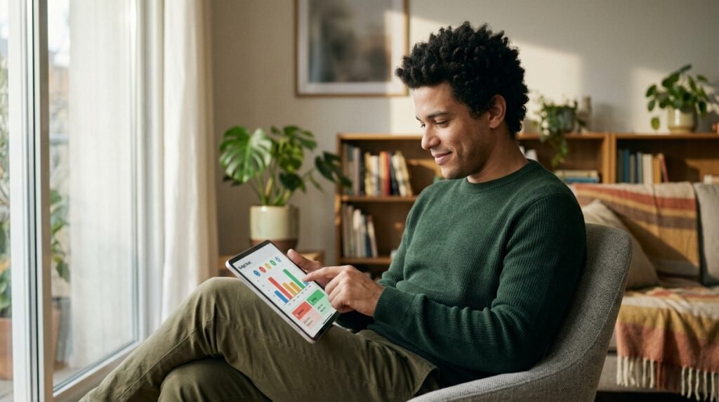 Adulto autista analisando gráficos financeiros em um tablet em sala de estar iluminada.