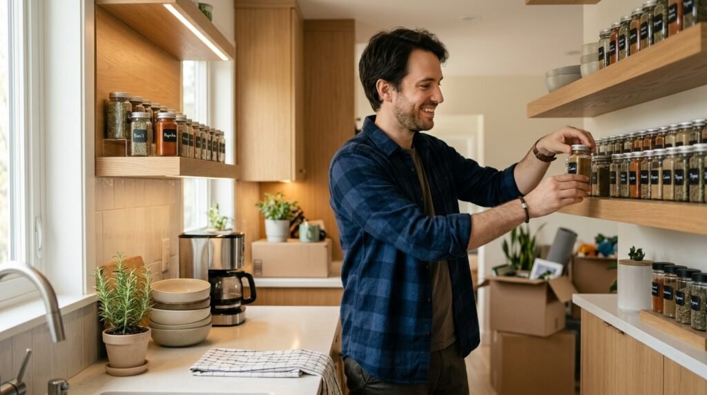 Adulto jovem organizando armário de cozinha em apartamento iluminado e tranquilo.