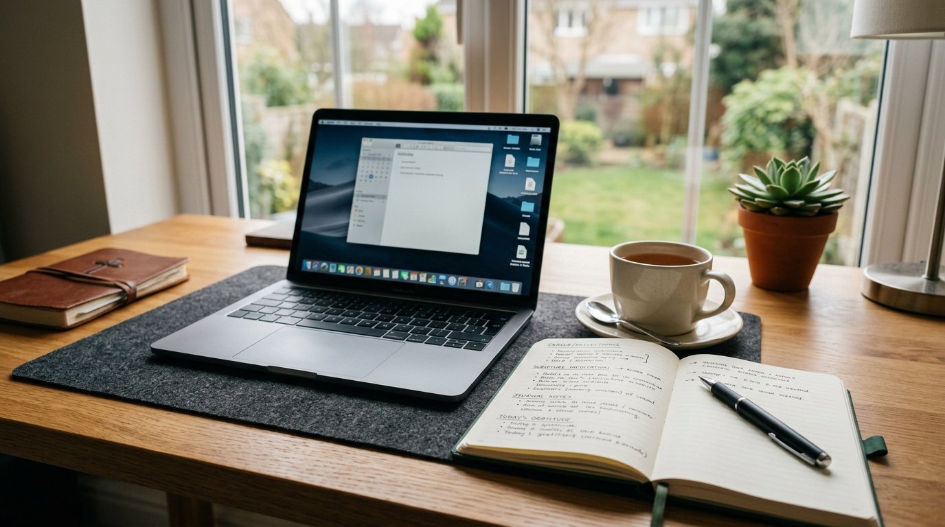 Mesa de trabalho organizada com notebook e caderno de anotações profissionais.