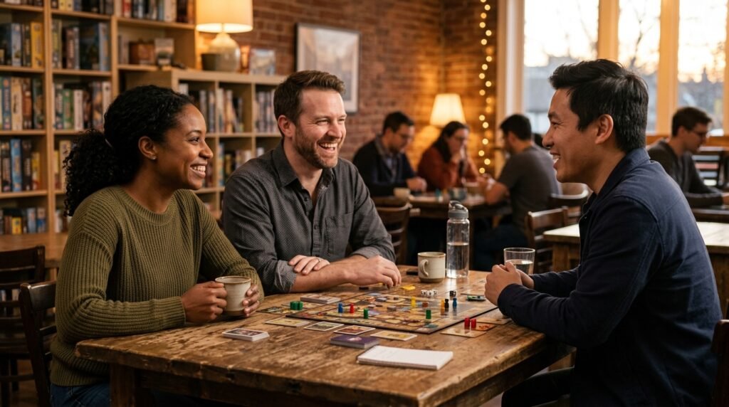 Pessoas adultas interagindo amigavelmente em mesa com jogo de tabuleiro.