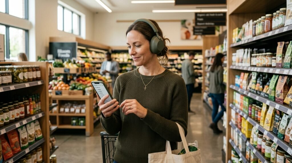 Adulto autista fazendo compras no supermercado de forma calma, usando fones de ouvido.