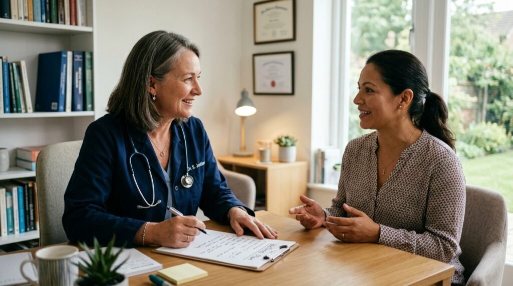 Profissional de saúde e paciente adulto conversando de forma respeitosa em consultório médico.