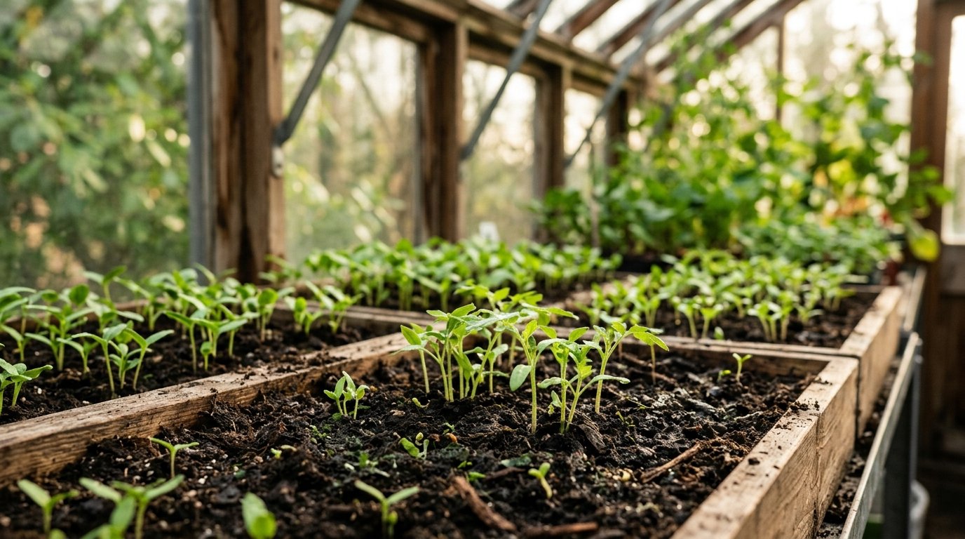 Pequenas mudas verdes crescendo de forma saudável em terra fértil.