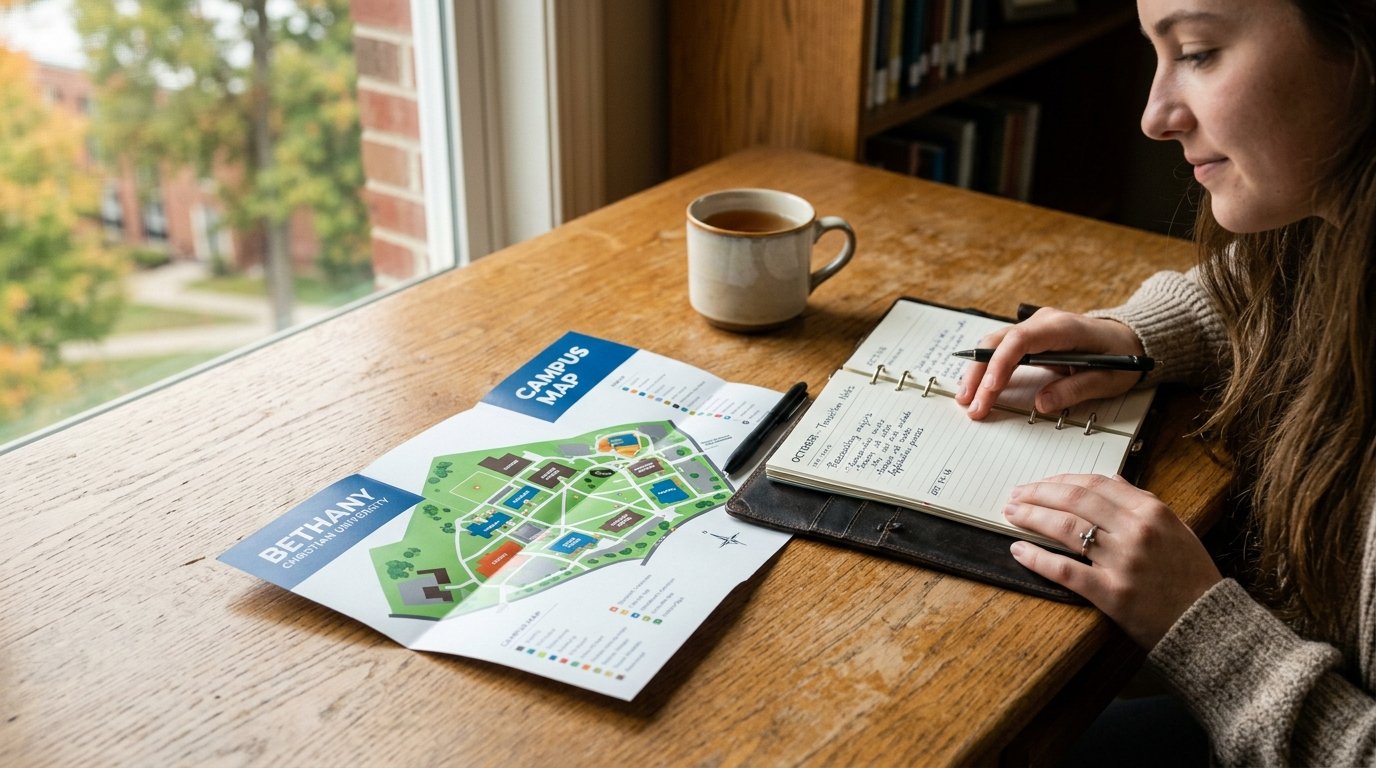 Um panfleto com o mapa do campus universit&aacute;rio ao lado de uma agenda de planejamento.