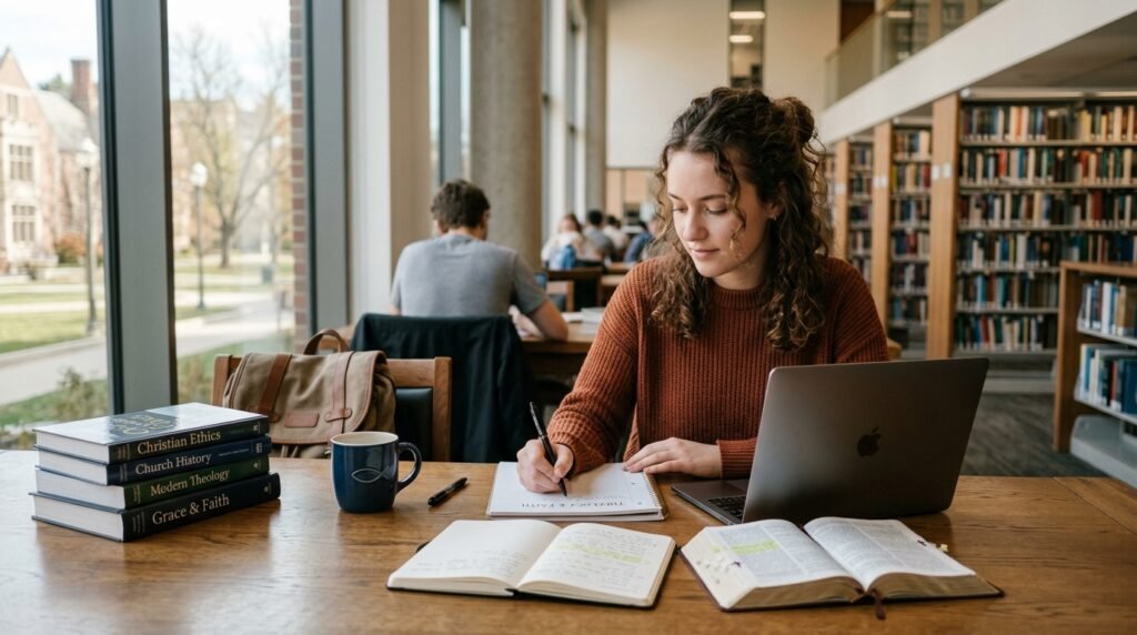 Estudante universitário jovem organizando cadernos e notebook em uma mesa de biblioteca de faculdade.