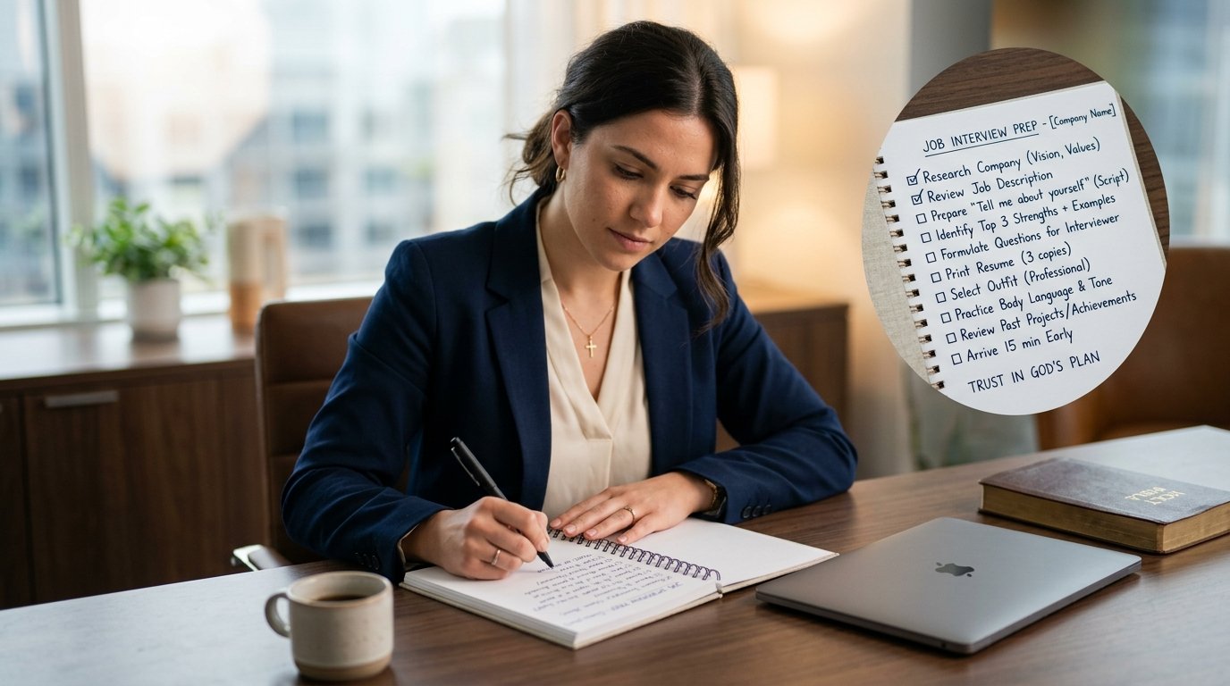 Bloco de notas com lista de verifica&ccedil;&atilde;o de prepara&ccedil;&atilde;o para entrevista de emprego.