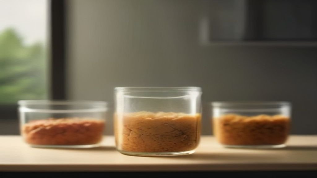 Bancada de cozinha com potes de vidro contendo vegetais picados organizados por porções.