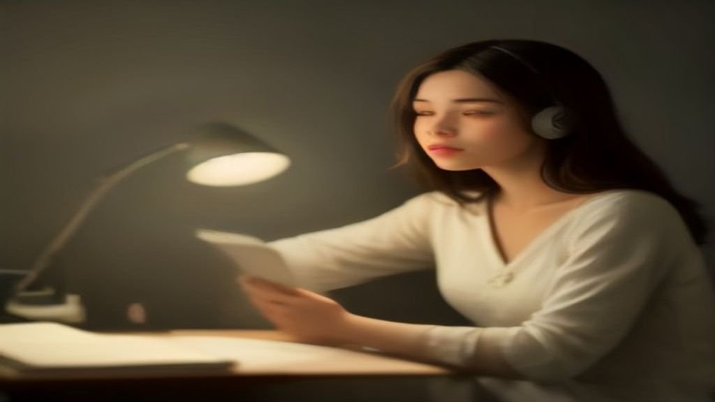Mesa de estudos com abajur e fone de ouvido de cancelamento de ruído.
