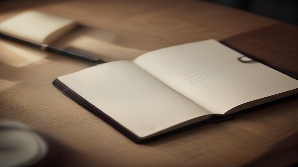 Mesa de trabalho limpa e iluminada com caderno de notas, caneta e caf&eacute;.