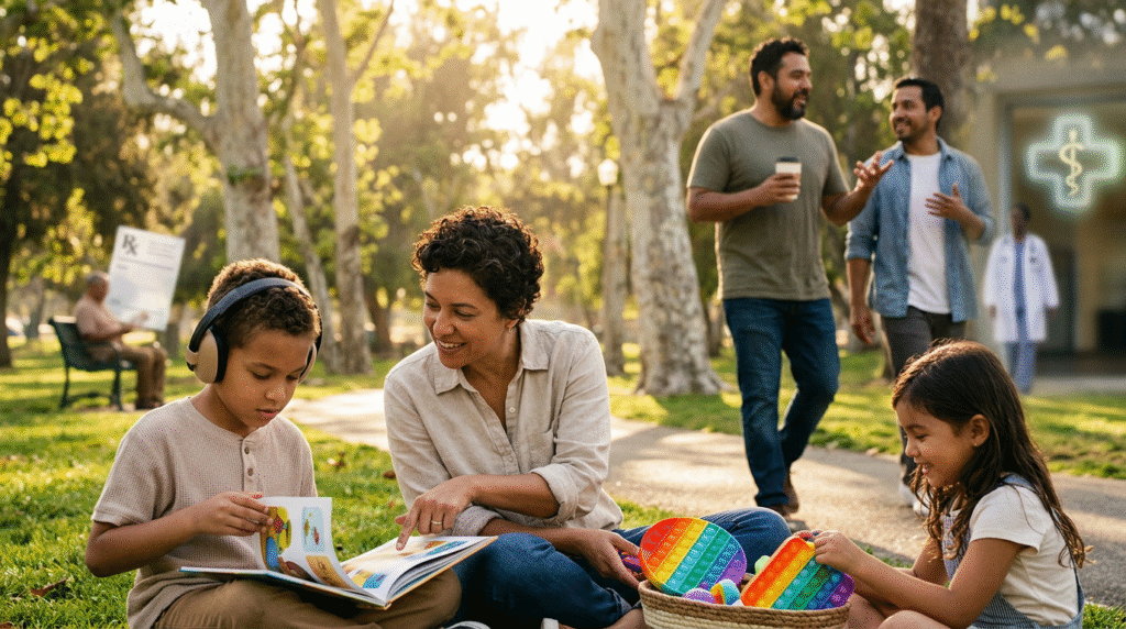 Individuals of various ages, including autistic people, engaged in everyday activities like reading, playing, and socializing, with a subtle background hint of medical support, emphasizing well-being and individualized care.