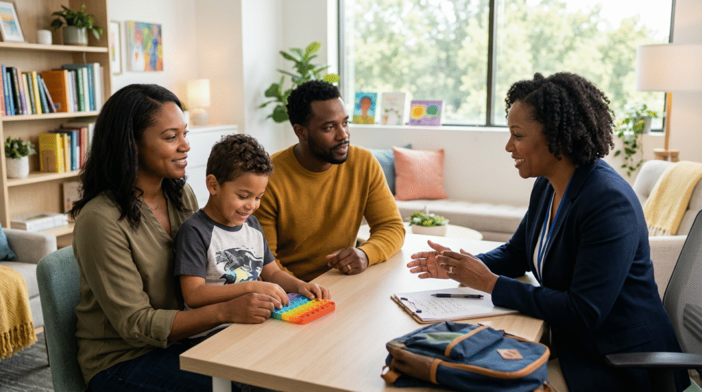 A diverse family, including an autistic child, consulting with a pediatrician about autism medication basics and treatment options in a supportive clinic setting.