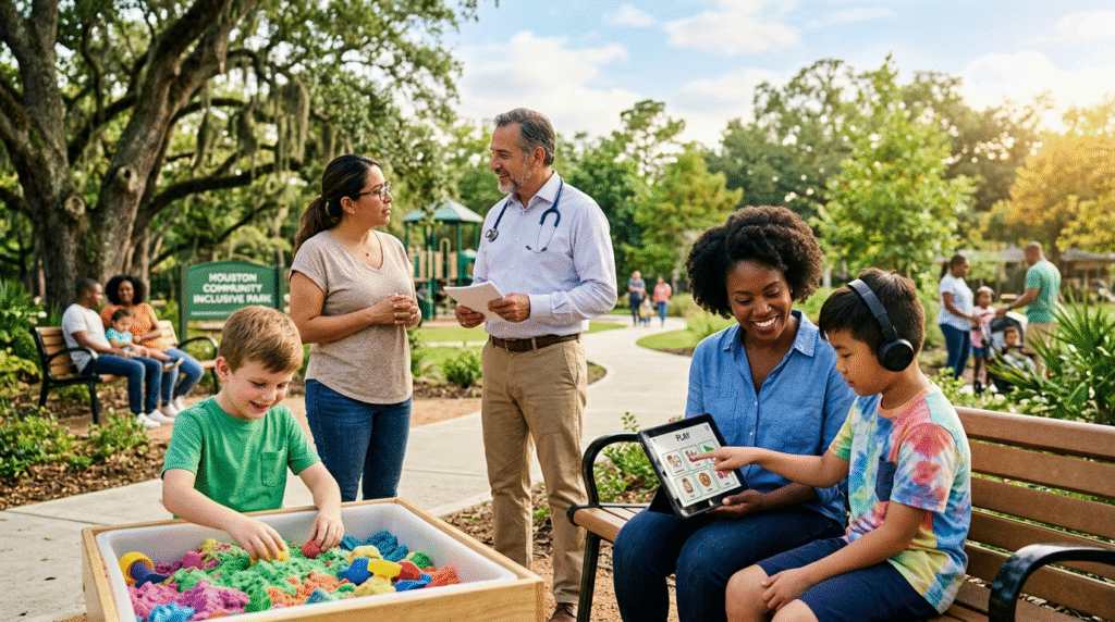 Diverse individuals on the autism spectrum with their families and a healthcare professional in a Houston park, illustrating different support needs and collaborative care discussions.