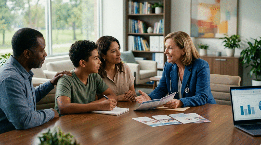A family and their doctor engaged in a thoughtful discussion about medication options for an autistic adolescent, emphasizing shared decision-making and support.