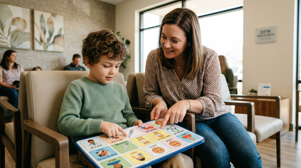 A parent and an autistic child using a communication board with pictures to discuss healthcare, symbolizing autism communication supports.