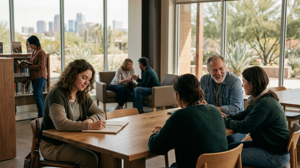 A diverse group of people, including autistic individuals, engaging in various calm activities within a welcoming community center, illustrating supportive social environments.