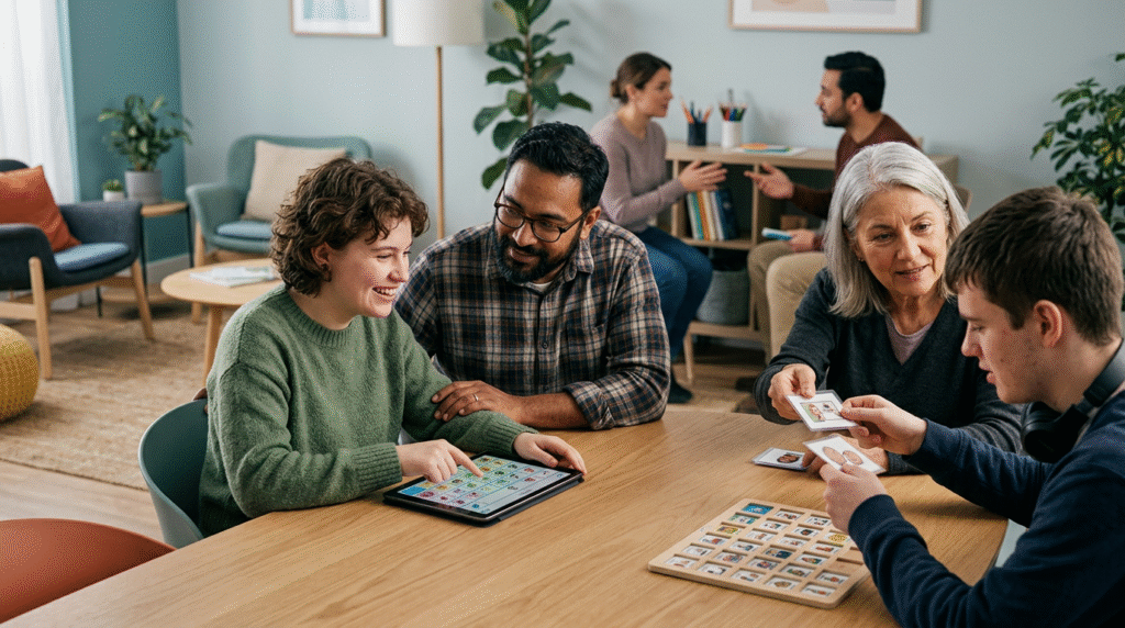 Diverse individuals, including autistic people, using various communication methods like tablets with AAC apps, picture cards, and gestures, in a brightly lit, inclusive community center, fostering connection and understanding.