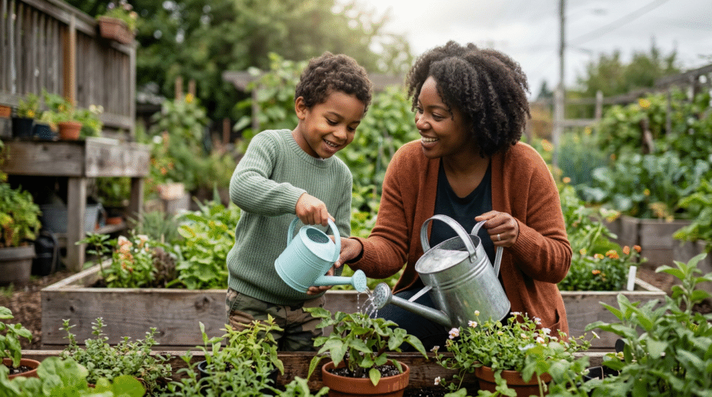 An autistic child and an adult watering plants together, showing a shared daily routine and connection.