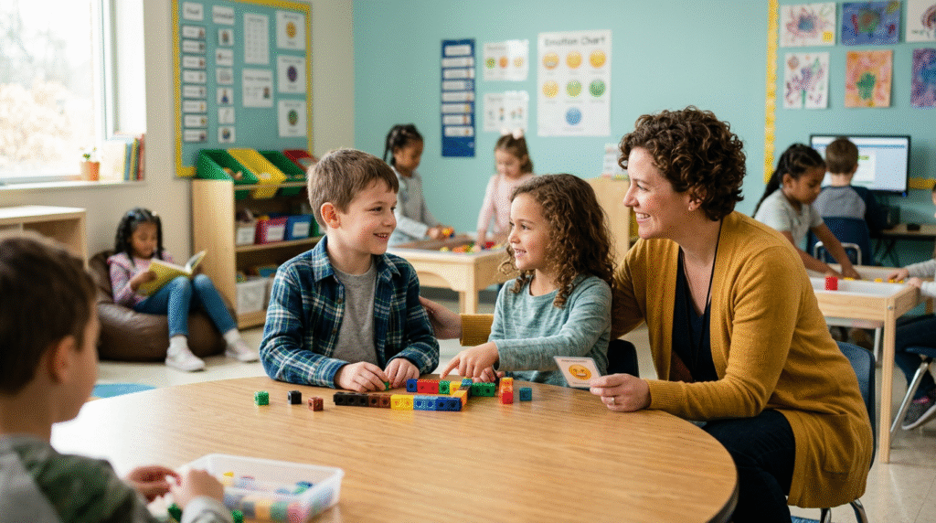 An autistic student actively engaged in a classroom activity with a supportive peer, illustrating inclusive school support.