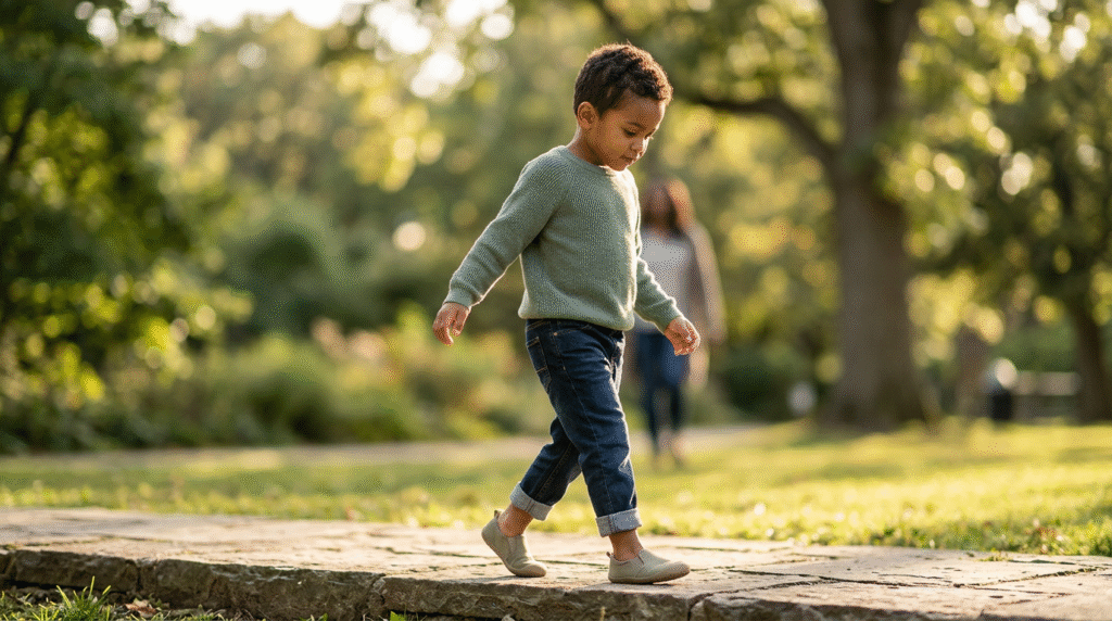 A young autistic child walks on their toes across a grassy path, illustrating autism toe walking.