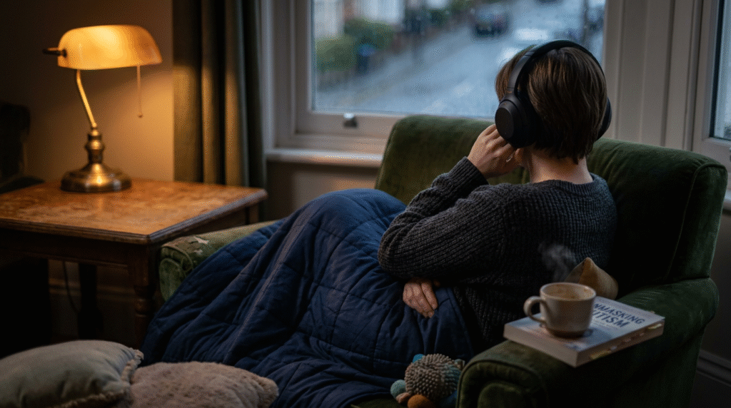 An adult on the autism spectrum in a calm, dimly lit room, possibly with a weighted blanket, engaged in a quiet activity for sensory regulation and recovery after a social interaction.