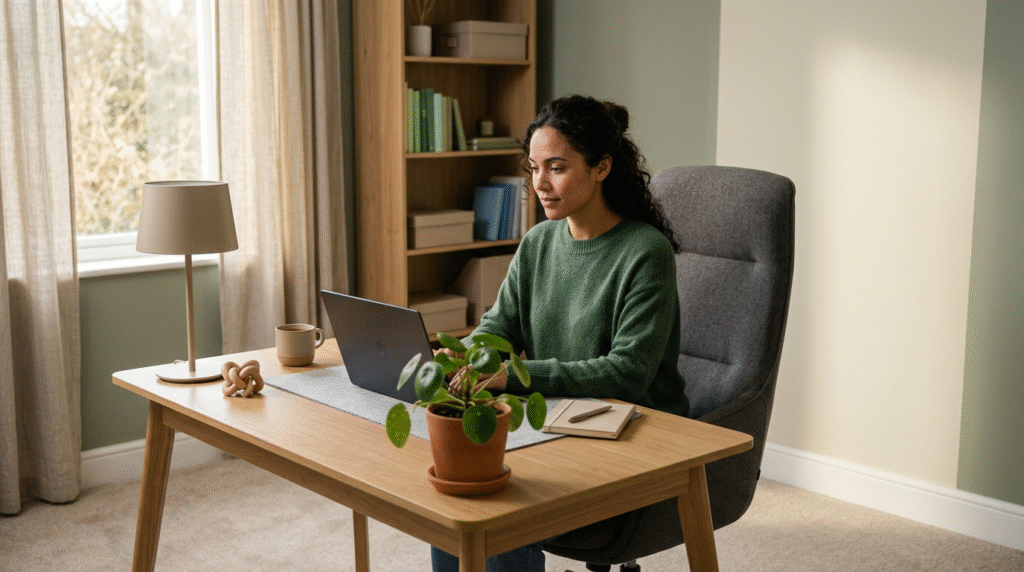 A minimalist, organized home office designed for an autistic adult, featuring warm, indirect lighting, a clear desk, and neutral walls to minimize visual clutter and sensory overload.