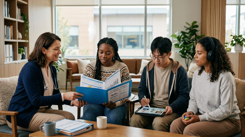An autistic adult reviewing their medical records with a neurodiversity-affirming doctor, symbolizing a smooth healthcare transition.