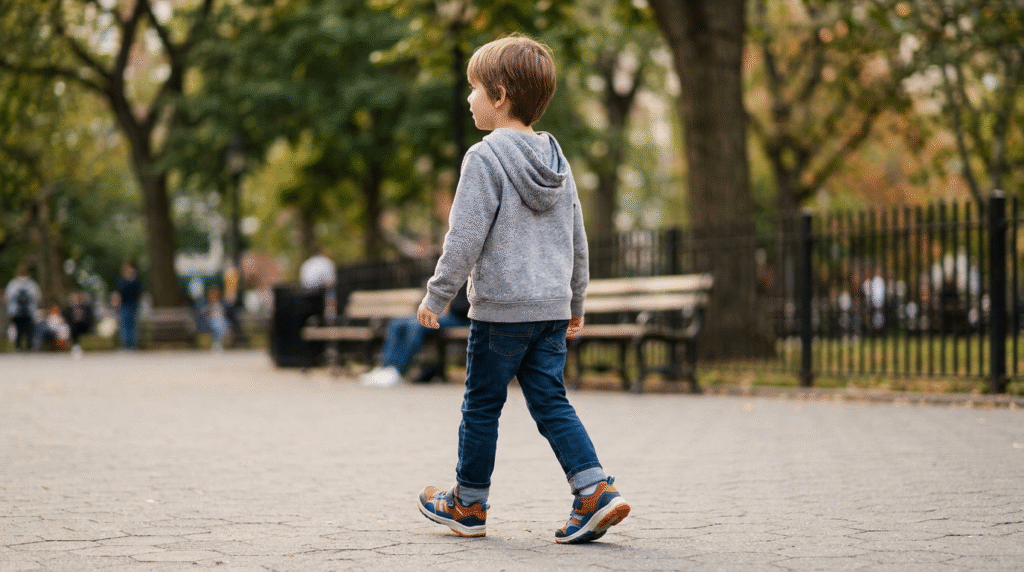 A child walking on their toes on a park sidewalk, demonstrating a toe walking gait.