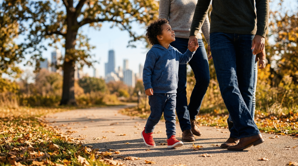 A young child, about three years old, happily walking on their toes along a park path, with a parent in the background. The child is wearing bright sneakers, and autumn leaves are scattered on the ground.