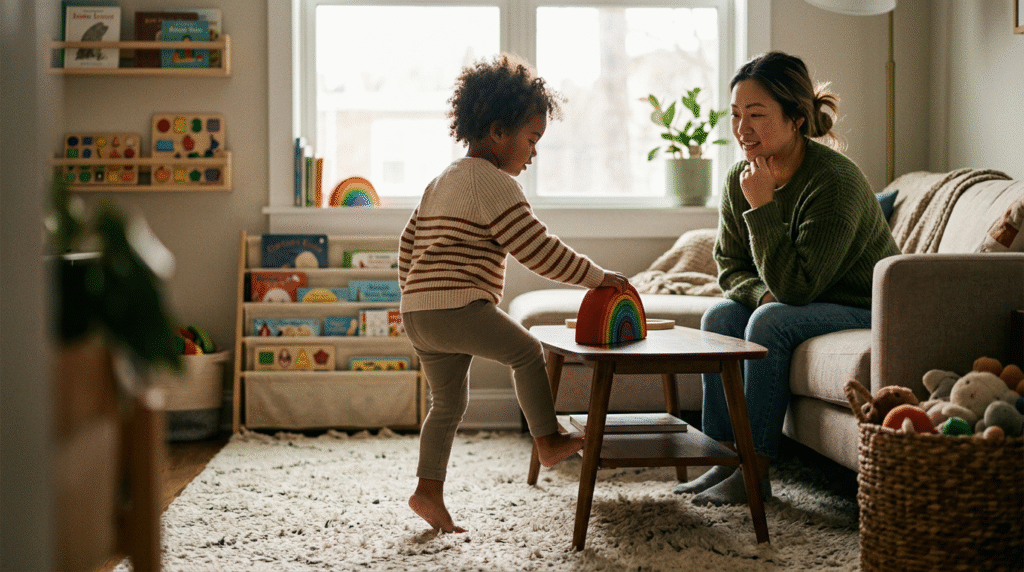 A young child on their tiptoes, reaching for a toy, while a parent gently watches, illustrating common questions about toe walking in children.