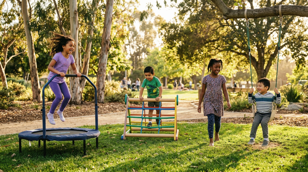 Diverse autistic children engaging in sensory-rich activities like jumping, climbing, walking on grass, and swinging in a park.
