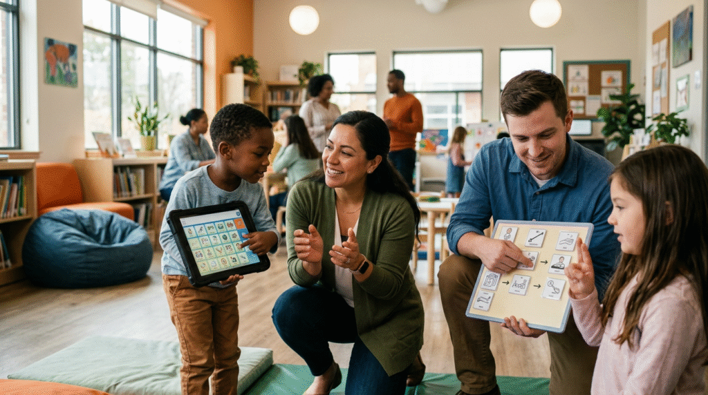 Autistic children and adults using communication devices and visual supports in a community center, showing diverse communication styles and engagement.