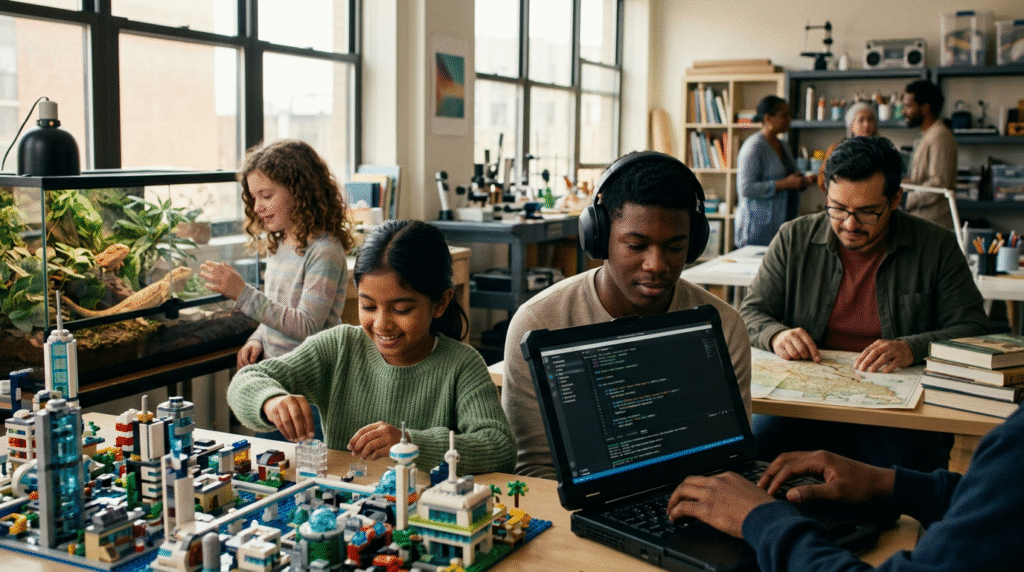 A group of autistic individuals of different ages happily engaged in their special interests, including building with LEGOs, studying a map, interacting with a pet, and coding on a computer.
