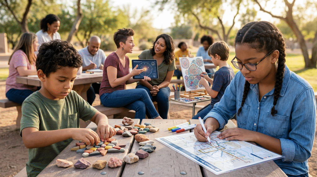 Diverse autistic individuals deeply engaged in their special interests, such as rock collecting, map study, or creative art, in a bright, supportive environment.