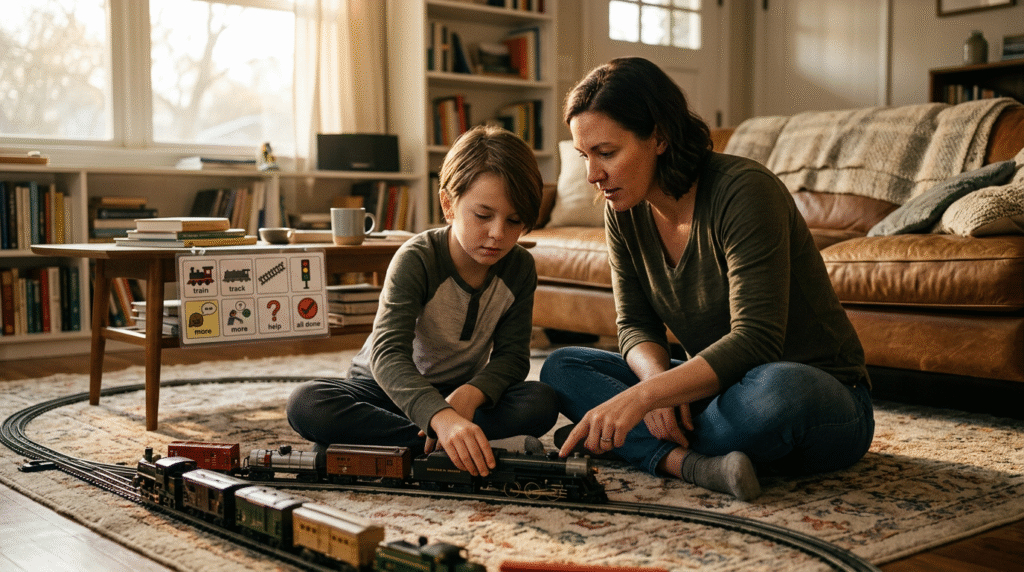A parent and an autistic child connecting over the child's special interest in toy trains, demonstrating enhanced autistic communication through shared focus and visual supports.