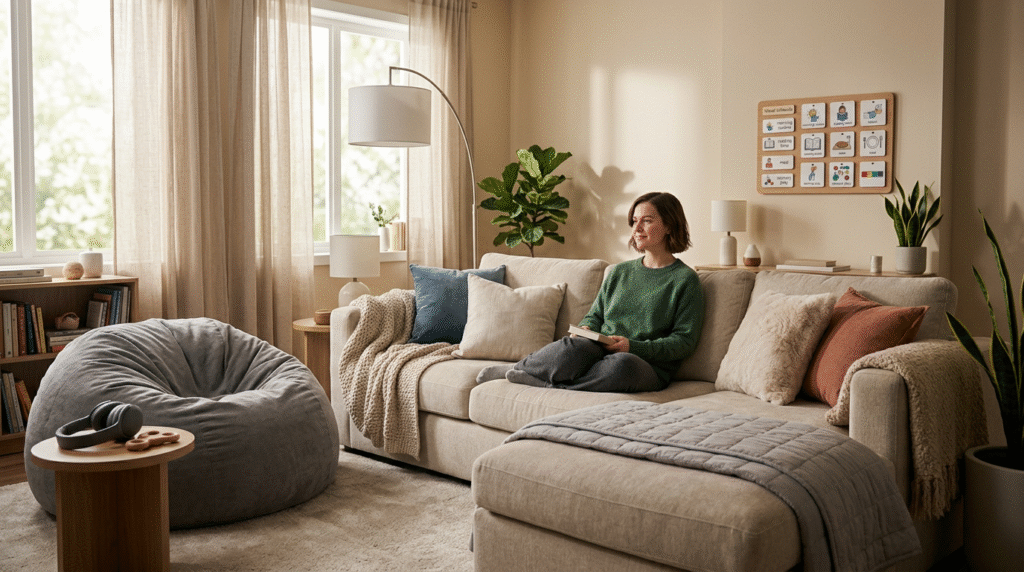 A peaceful living room with soft lighting, a cozy sofa with textured blankets, and a quiet corner, designed to be a sensory friendly home environment.
