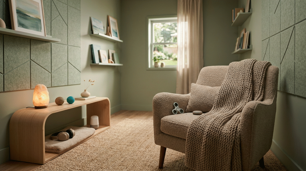 A serene, sensory-friendly living room with soft lighting, a weighted blanket on a plush sofa, muted colors, and a few carefully chosen sensory items, creating a calm and regulating space for an autistic person.