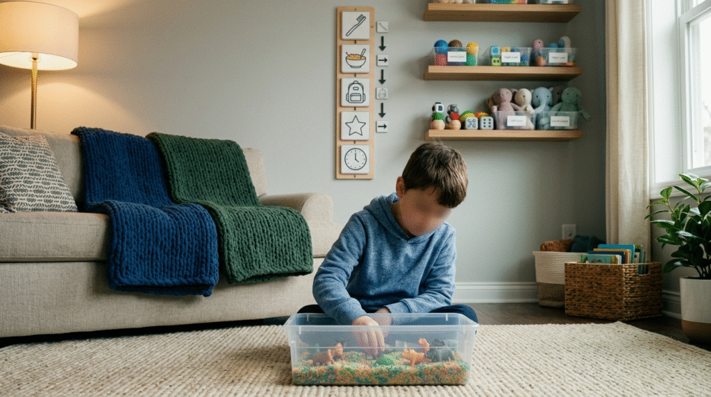 A calming, sensory-friendly living room with a visual schedule, weighted blanket, and a child playing with a sensory bin, illustrating an effective autism routine.