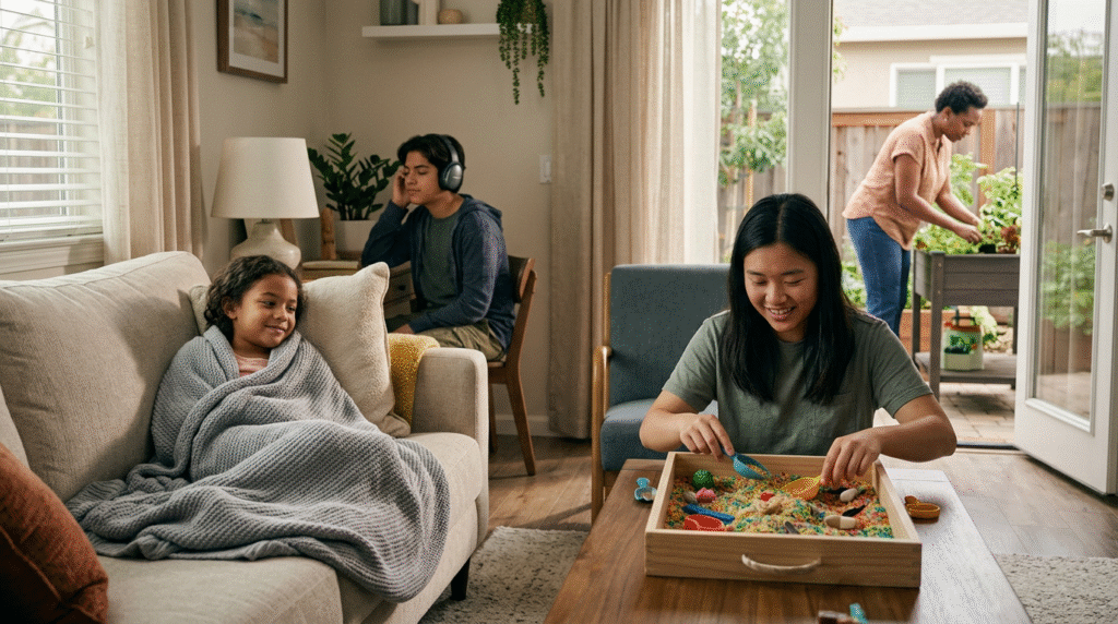 Diverse autistic individuals engaged in various calming and stimulating sensory activities, including a child with a sensory bin, a teenager with headphones, and an adult gardening.