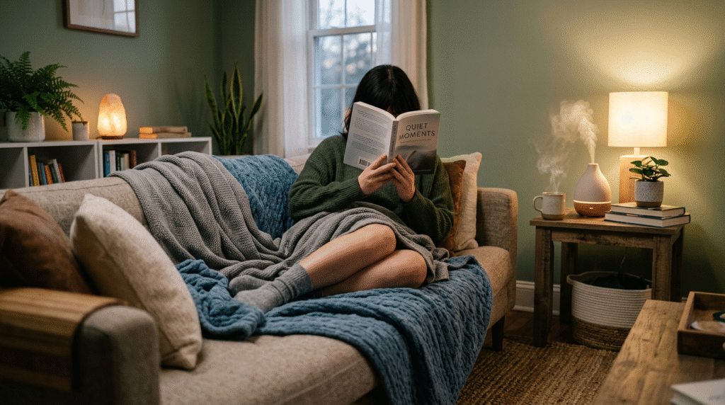 A serene living room with soft lighting and comfortable textures, suggesting a sensory-friendly space designed for an autism routine.