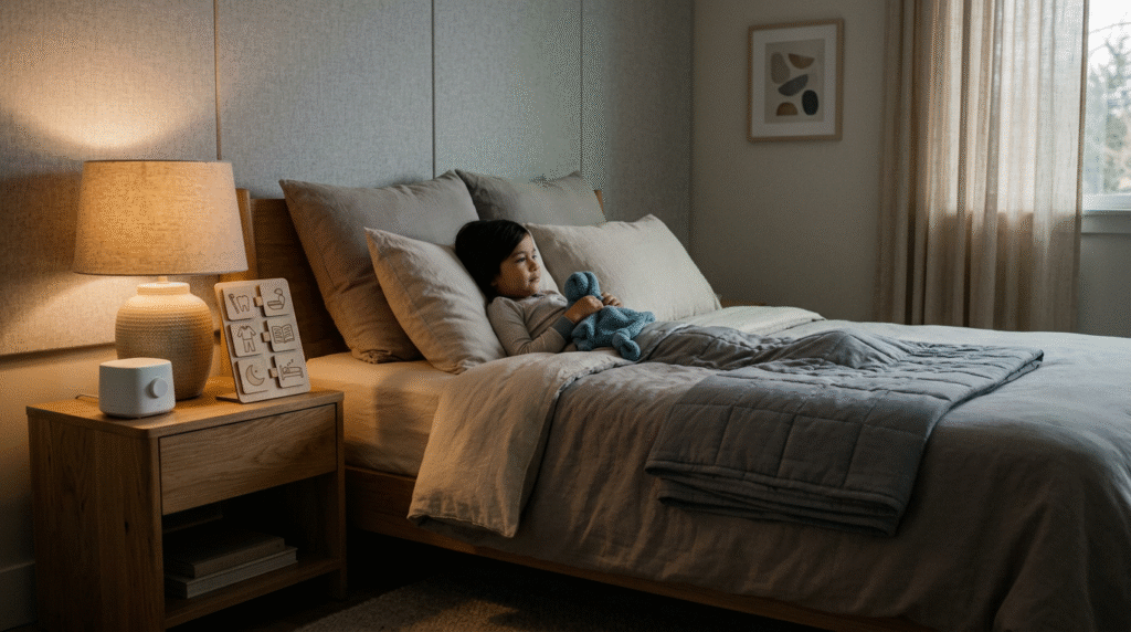 A calm, sensory-friendly bedroom with dim, warm lighting, a weighted blanket, and soft bedding, designed to promote restful sleep for an autistic person.