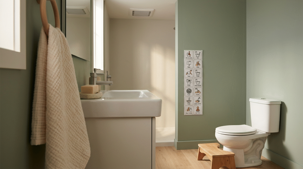 A calm, sensory-friendly bathroom designed for an autistic individual's independence, featuring a visual schedule, soft lighting, and uncluttered space.