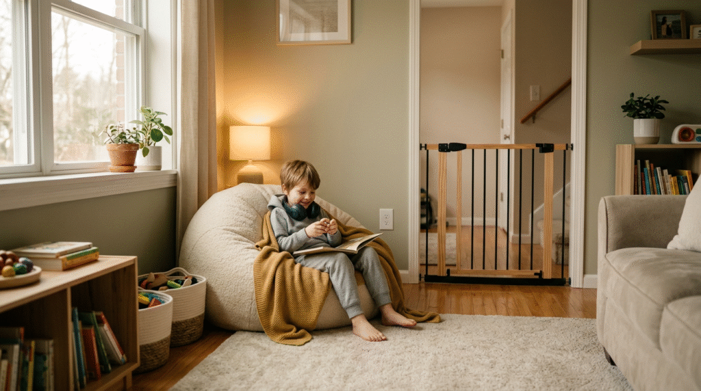 A cozy, secure living room designed for an autistic individual, featuring soft lighting, a comfortable beanbag chair, and subtle safety measures like a child-proof gate and outlet covers, creating a sensory-friendly and safe space.